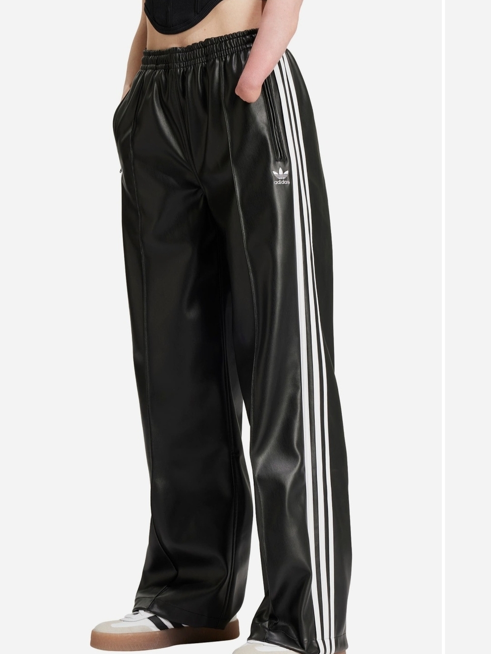 adidas Black Faux Leather Track Pants with White  Stripes Size M ( New With Tag)